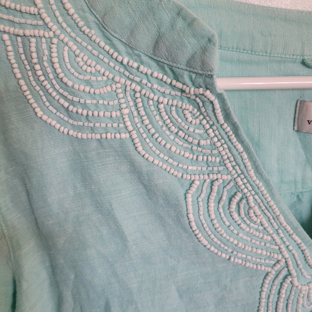 Vineyard Vines Linen Blend Beaded V Neck Tunic Top Women's M Aqua Teal Turquoise - Picture 5 of 7